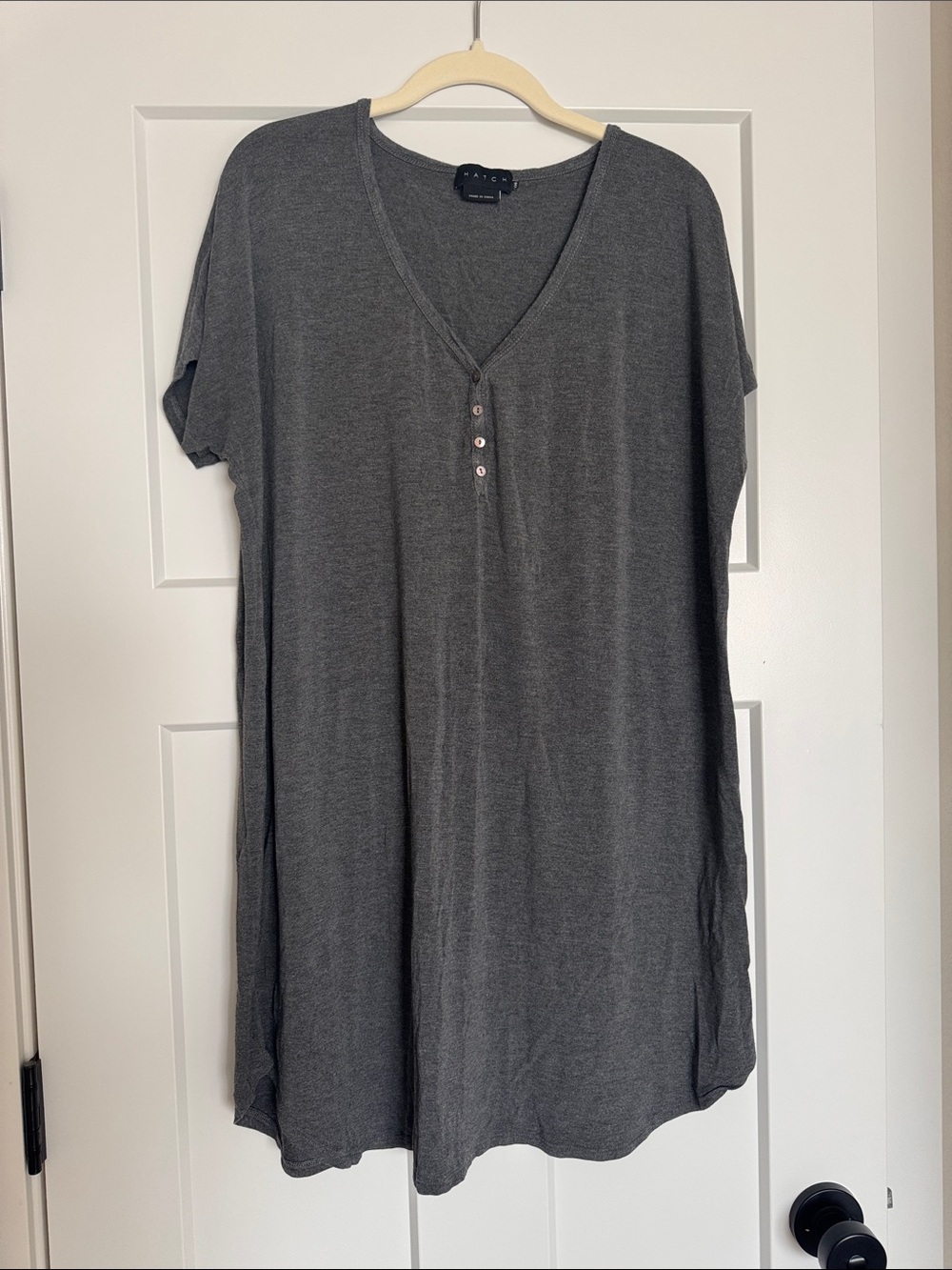 Hatch-to-Hospital Charcoal Gray V-Neck Short Sleeve Nightgown/ Lounge Dress